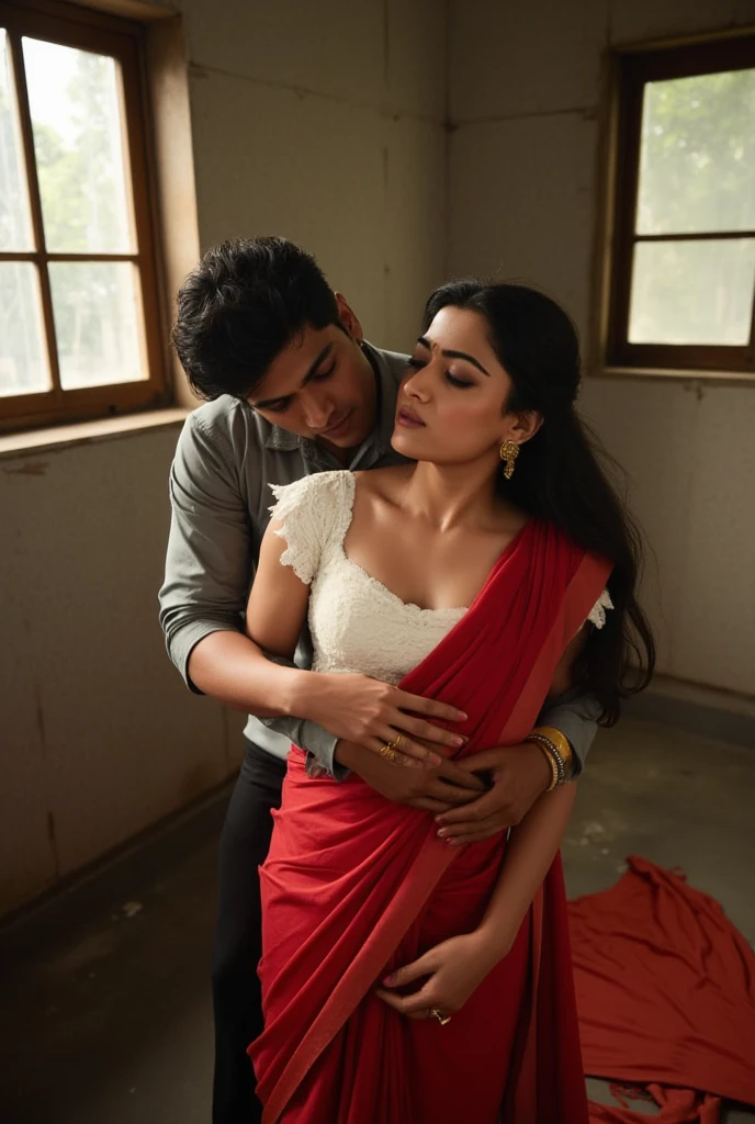 closeup, realistic, uhd image, rich indian brother and indian sister come back from school and have secret affair, cleavage seen, brother squeezing sister's boobs, boob squeeze, brother hugging from behind, sister facing camera, secret relationship, brother wearing school uniform, sister wearing uniform, school uniform, inside indian home