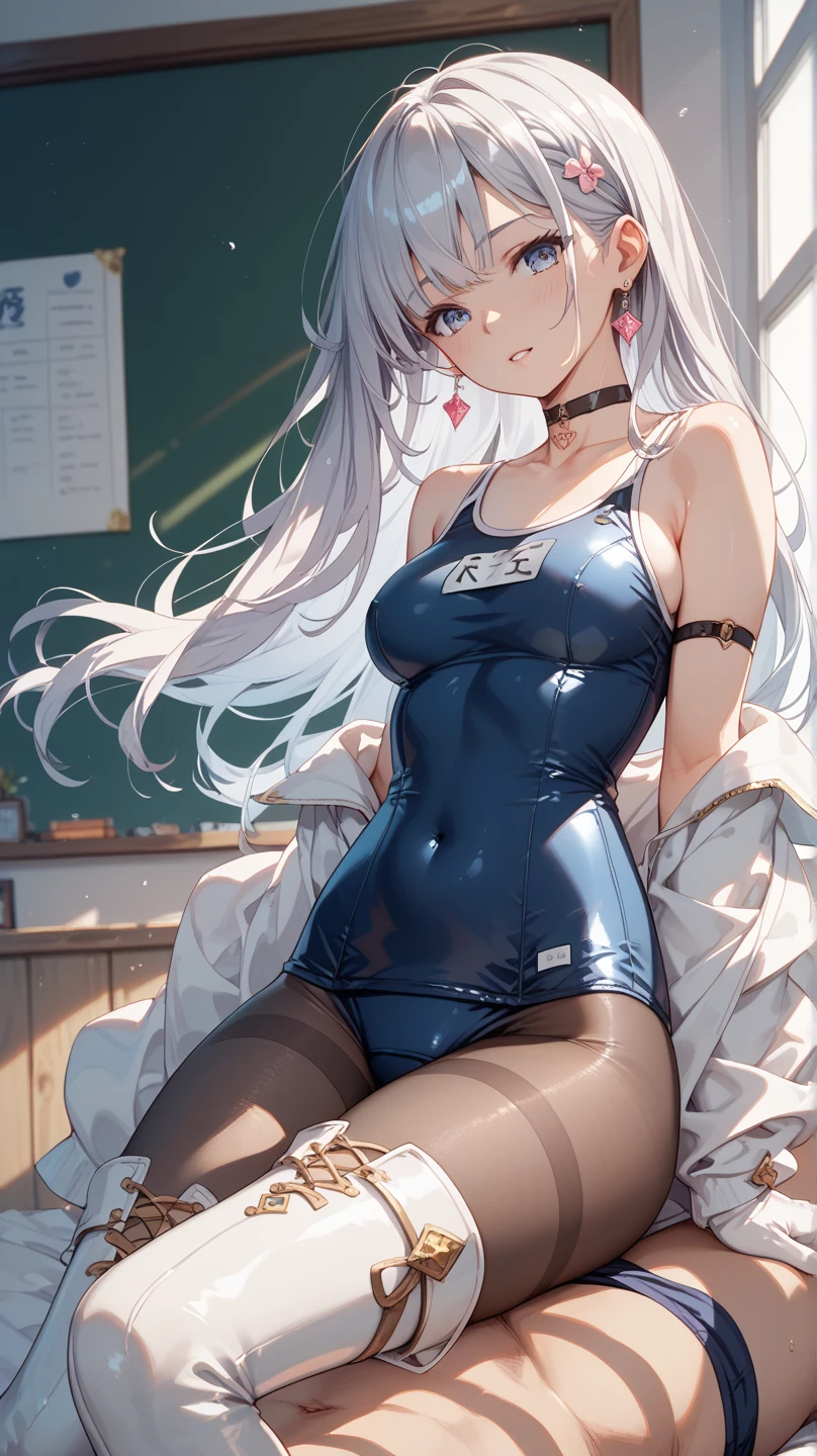 score_9, score_8_up, score_7_up, source_anime BREAK pinup of 1girl, anime illustration, anime style, sitting on desk, (one's legs spread:1.3), 1lady, solo, (sexy lady1.3), large breast, white hair, red eyes, Various lengths of hair style, parted bangs, school swimsuit, shoes, (blush:1.2), (own room background:1.2)
