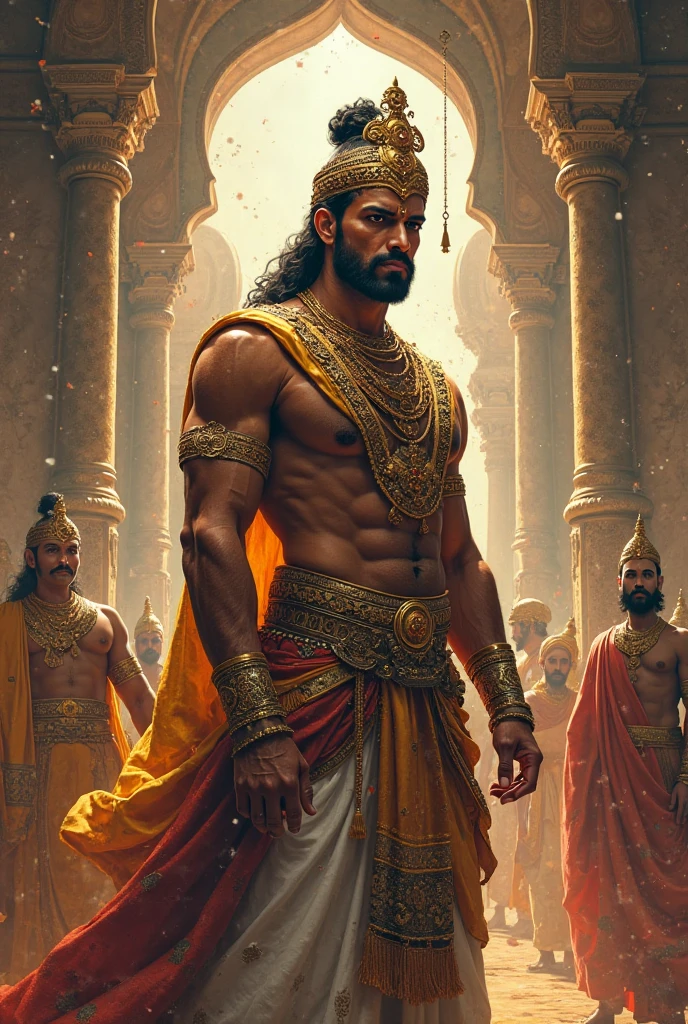 One king with innocent face and good body medium beard full long hair ,height,six pack body with long cloths on his hands standing on his kingdom like a bramhana pandit