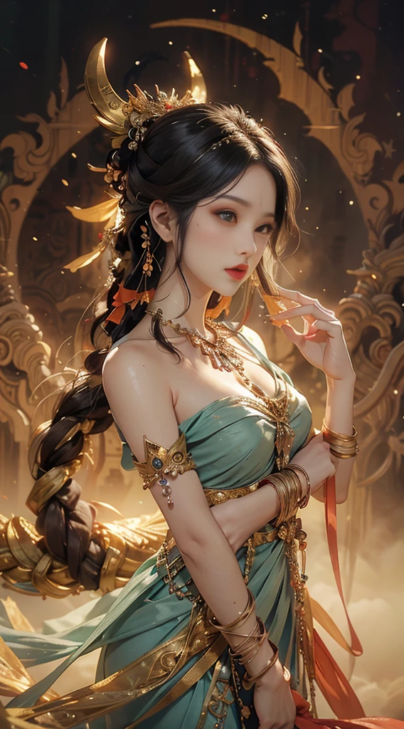 1 girl wink,
Dunhuang_clothing，
Dunhuang_style，
best quality, actual, actual, Award-winning illustrations, (intricate details: 1.2), (fine details), (intricate details), (movie lighting, best quality Backlight), clear lines, fashion girl, sharp focus, actual Face, Detailed face, official art, unified 8k wallpaper, ultra high resolution, (actual: 1.5), portrait, Dance,