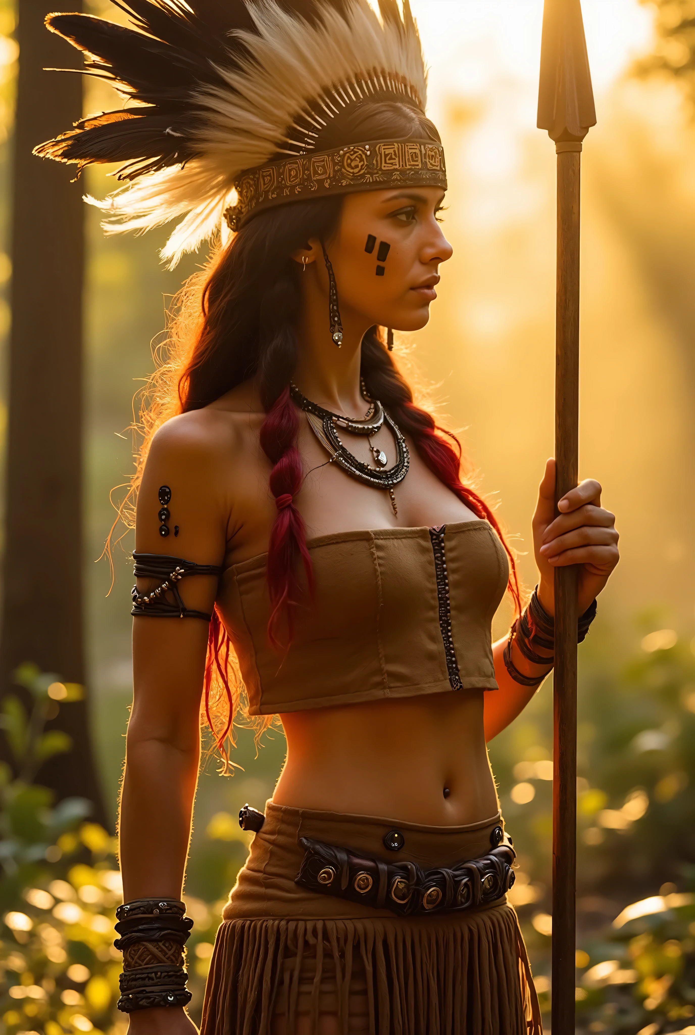 A fierce warrior woman standing in a sunlit forest,wearing a Native American-inspired outfit. She wears a majestic feathered headdress with long black and white feathers,adorned with a geometric-patterned tribal headband. Her long hair is braided,with vibrant red highlights. She wears a cropped suede top in light brown with dark fringes,exposing her shoulders. A matching short fringed skirt flows around her waist,secured by a decorated leather belt with beads and metallic ornaments. Her arms are adorned with wooden bead bracelets and leather straps. Her face features warrior-like tribal paint with three bold stripes on each cheek. She holds a long wooden spear with a sharp tip,wrapped with leather cords. The golden sunlight filters through the trees,casting a warm,cinematic glow,with soft bokeh effects in the background. Highly detailed,ultra-realistic,8K resolution,cinematic lighting. hyper-detailed,UHD,ultra sharp,photo-realistic,raw lighting,natural shadows,fantasy style,epic composition,