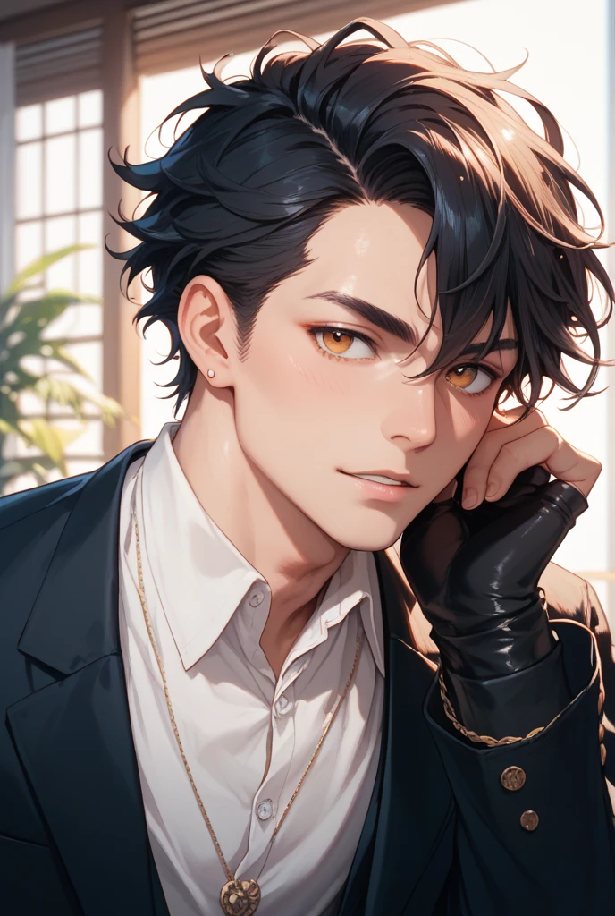 High quality, HD, 4k, handsome male, 1male, 17 years old, teenager, golden lining, short white hair, sharp eyes, gold eyes, devil may cry, close up, calm expression, stoic expression, black leather clothes, white leather clothing, upper body, looking at viewer, cowboy shot, white solar, darkness background
