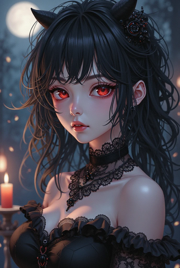 8K, Ultra HD, Masterpiece, 1 girl, exquisite face:1.5), very long hair, strait hair, detailed eyes, ultimate details, wearing transparent vampire clothes, vampire wings, black rose hair ornaments, (glowing clothes:1.4), amazing magnificence,LED Internal lighting, glowing iris, glowing iris,