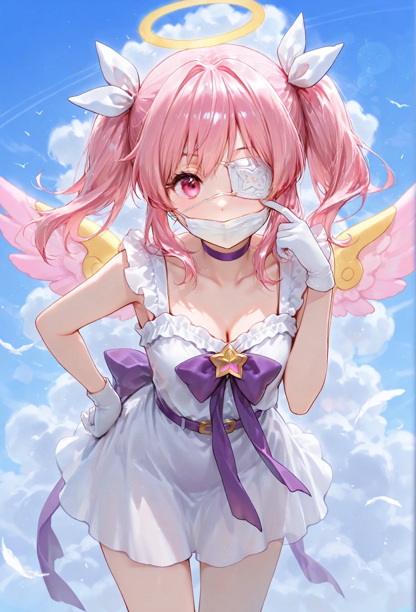 Very detailed、Highest quality、Best image quality、masterpiece、8k、Anime Face、A kind smile、Sparkling Blue Eyes、(SFW Giant)、(Big Breasts:1.5)、Shutsumon、Cowboy Shot、(High leg:1.5)、Claw Hand、Mouth mask、shy,scarf,Big Head Wings,(Mouth mask),Facial blemishes,abdomen,Leash,Pink footprint shoes,(Pink sweatshirt),(Garter Straps),Wings with large brown feathers,scarf,Pink knee socks,whole body,The Hands of Guido Daniele