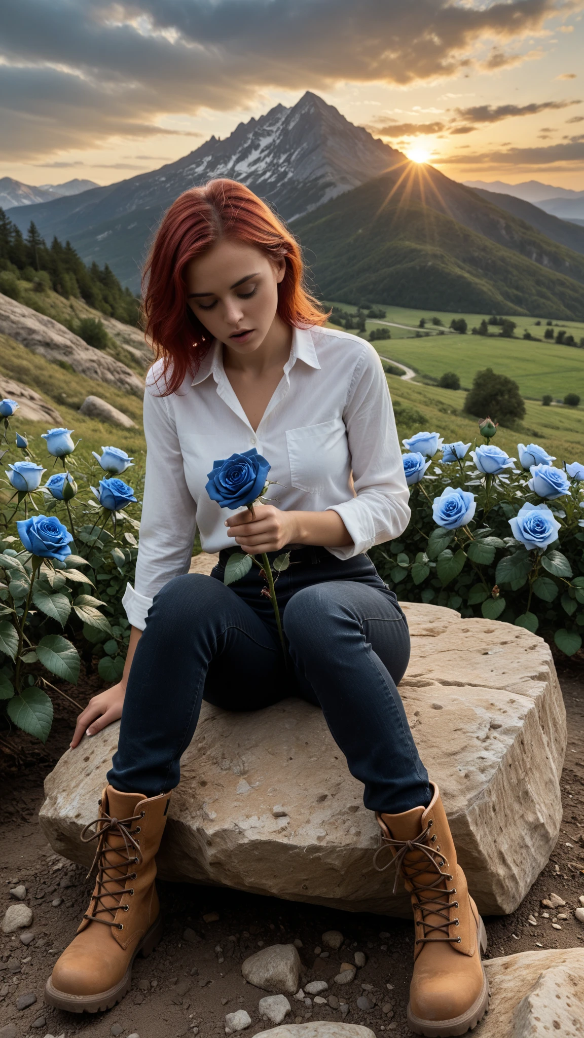 extremely detailed render, masterpiece, full body side view of 24yo girl wearing white shirt and black jeans and mountain boots, surprise and curiosity look, short copper red hair, sitting on big rock in the middle of ((blue:1.3)) blooming rose hip bushes, ((looking down and to the left, ((blue:1.3)) rose hip flower in her hand)), serene clear sky, summer sunset, dusk twilight, barren mountain landscape, darkening serene sky, oil painting by Greg Rutkowski and Tyler Edlin