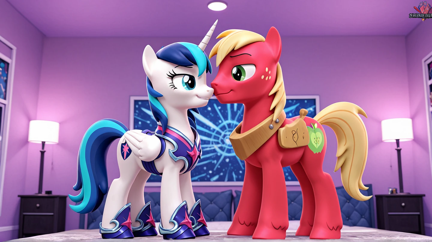 score_9,score_8_up,score_7_up,score_6_up, ((my little pony)), ((school dress:1.6)), blush, eyeshadow, long eyelids, kiss with drools, duet, lot of bows, pussy after sex, patterned stockings, seductive perky big butt, behind view, (shy shining armor), (dominant king sombra), radiant lighting, vibrant colors, whimsical atmosphere, 8K, high resolution, highly detailed, masterpiece