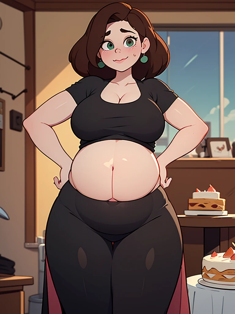 Girl, green eyes, long length brown hair, buck teeth, puffy red nose, green mucus, smiling, blushing, hearts surrounding her, naked, very big udder, big breasts, massive fat belly, really big feet, full body, standing, inside the living room, cuerpo completo, high resolusion.