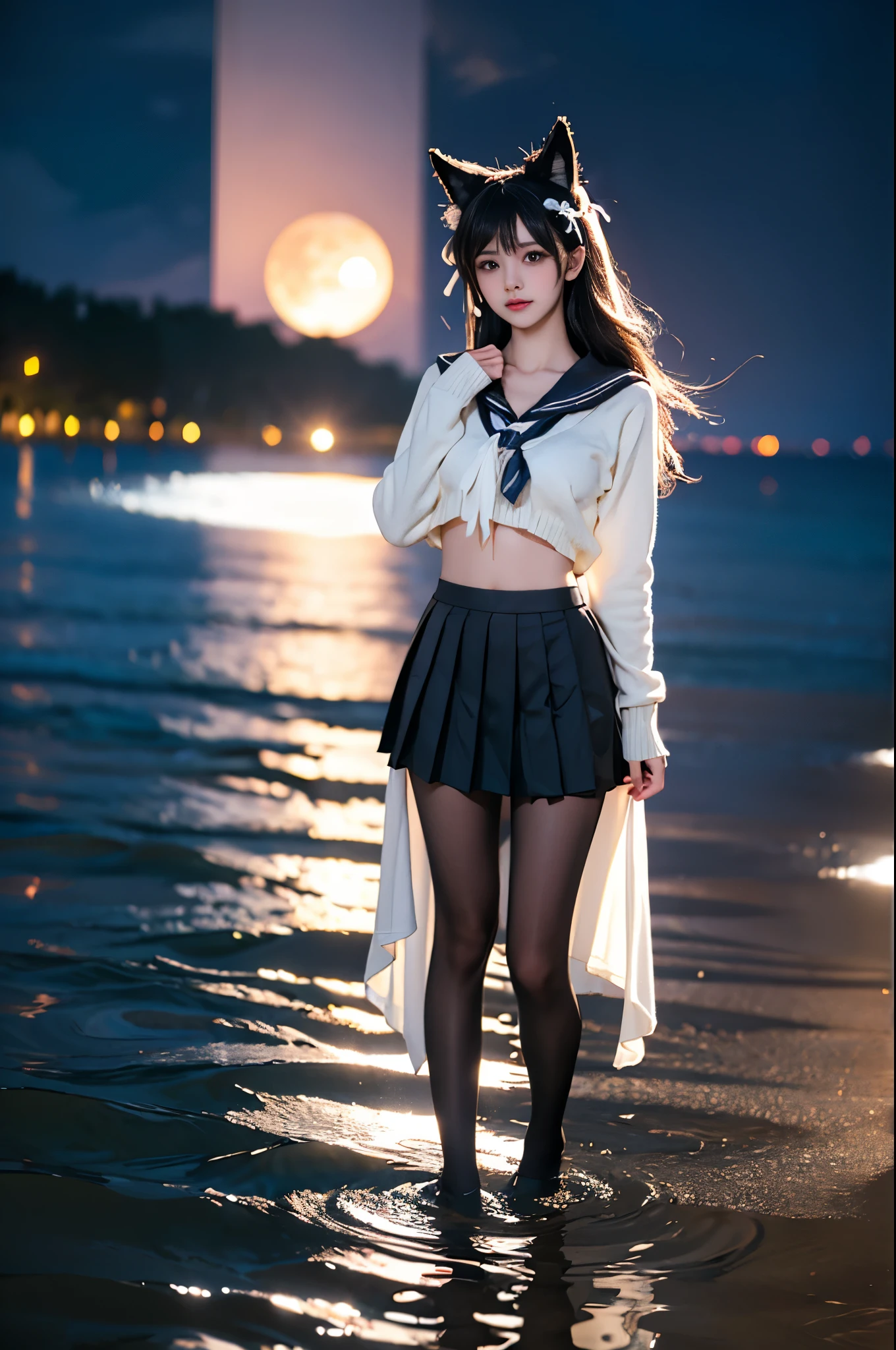 atago, 1girl, solo, atago \(azur lane\), cosplay, mole under eye,animal ears, very long hair,bangs, sidelocks, hair ribbon,school uniform,cardigan, sailor collar, serafuku, long sleeves, pleated skirt, pantyhose, ,,((full body, from below)), (masterpiece, best quality, ultra-detailed, 8k), realistic, a beautiful sexy long-legged model on a tropical beach, (I-type Valley), (Full breasts, visible cleavage, very short skirt hem, exposed shoulders), (Tyndall Effect), (At night,:1.3 moonlight:1.3), standing in shallow water, one hand playfully lifting her hair, the other gently raising the hem of her flowing summer dress, seductive pose, perfect and symmetrical leg anatomy, glistening water, soft natural lighting, (wind blowing gently:1.1), (ambient lighting:1.2), bokeh, cinematic shot, dynamic angle, professional photography, shallow depth of field, sharp focus, vibrant colors, (slightly tanned skin:1.1), (natural makeup:1.1), (delicate features:1.1), (ocean waves gently lapping at her feet:1.1)
