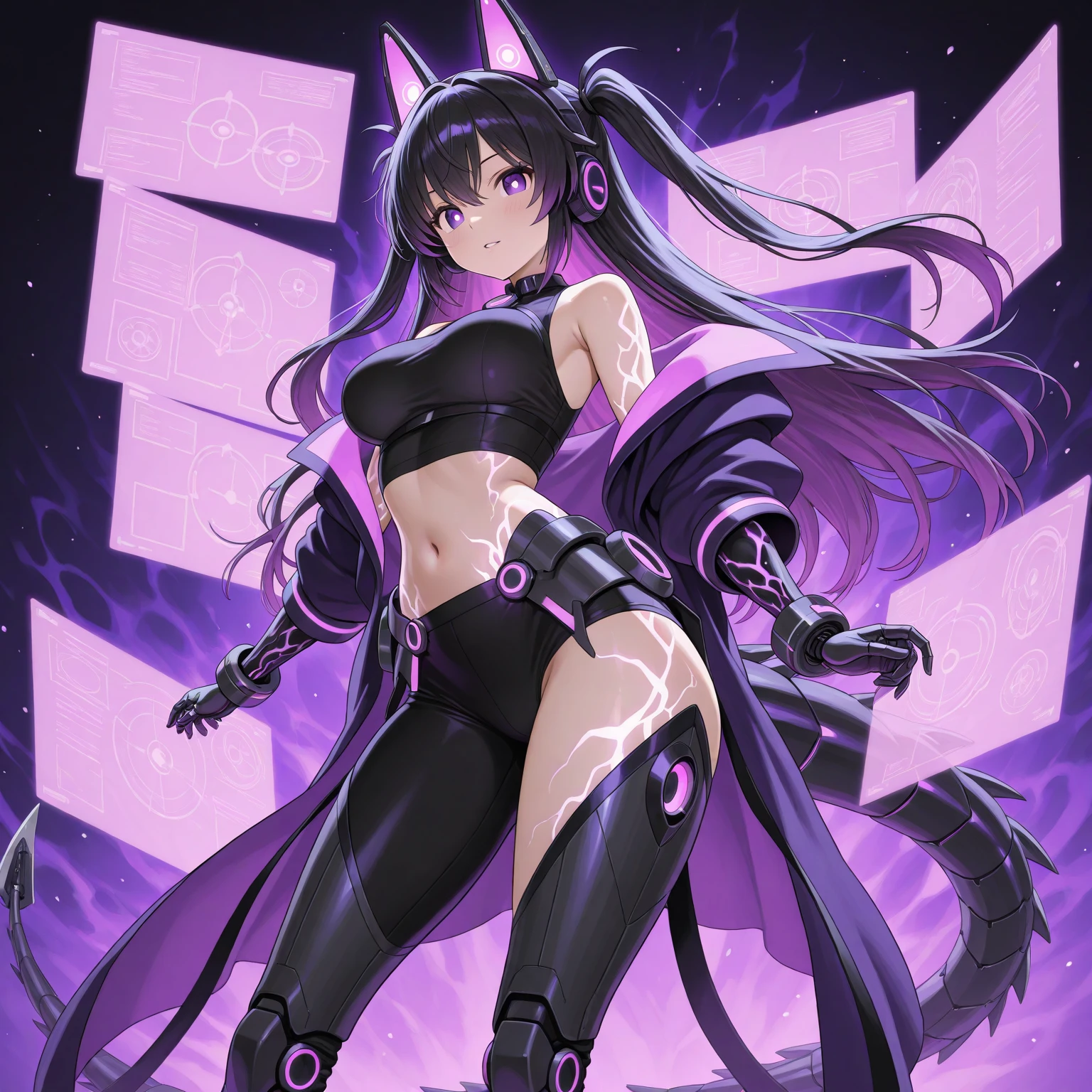 An evil magical girl in a skimpy outfit stands alone. Her costume is made up of latex fabric and transparent tights. She wears sharp black bikini armor. A hair ornament with sharp angles on her head. Sharp claws on her fingertips. A heart tattoo around her navel. Purple eyes that shine with light. Futuristic machines in the background