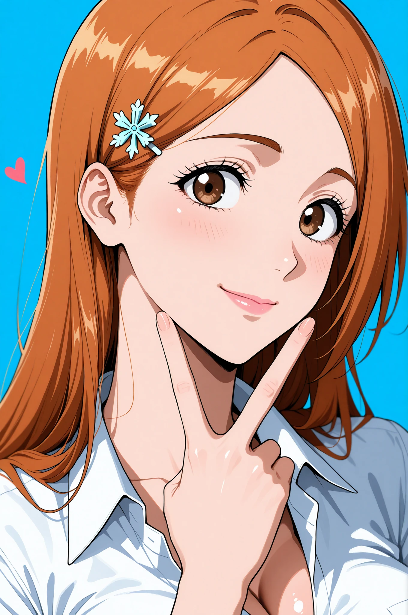 masterpiece, best quality, amazing quality, very aesthetic, absurdres, newest,highly detailed,highres,close-up portrait, female, woman, inoue orihime,hair clip,orange hair,long hair,brown eyes,fair skin,Shiny skin,pink lips,white collared shirt,simple background,blue background,v sign,one hand,heart,depth of field,slight smile,looking at viewer,from the side,clean lines,smooth lines,sharp,