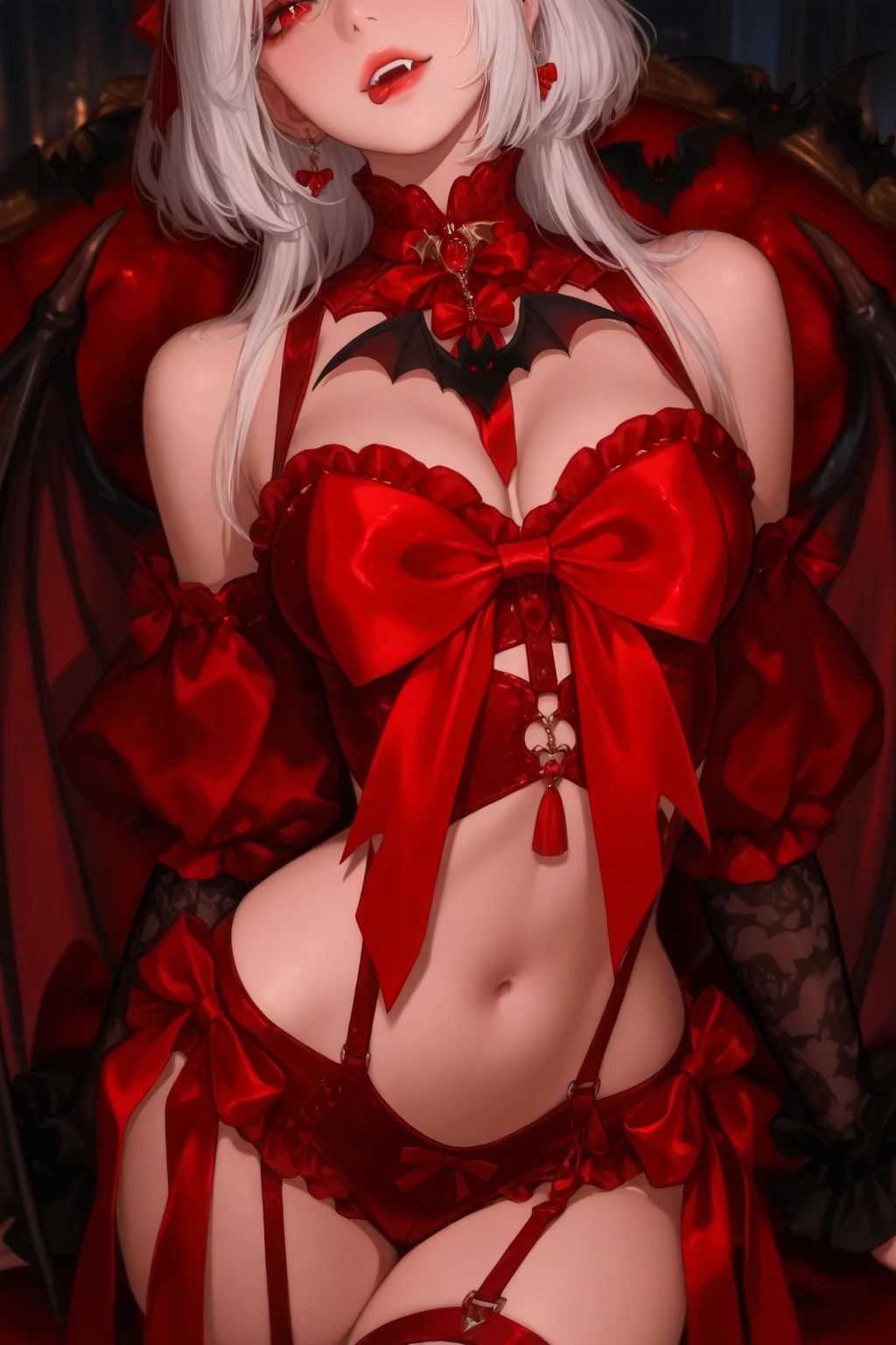 Master painting, 8K picture quality, master painting, 8K picture quality, small chest, demon wings, exquisite eye portrayal, delicate facial features portrayal, delicate body portrayal, delicate makeup depiction, red leather coat, long blonde hair, slender figure, open chest, long legs, ((exposed)) ((injured)) full of blood, looming, gorgeous jewelry, chest