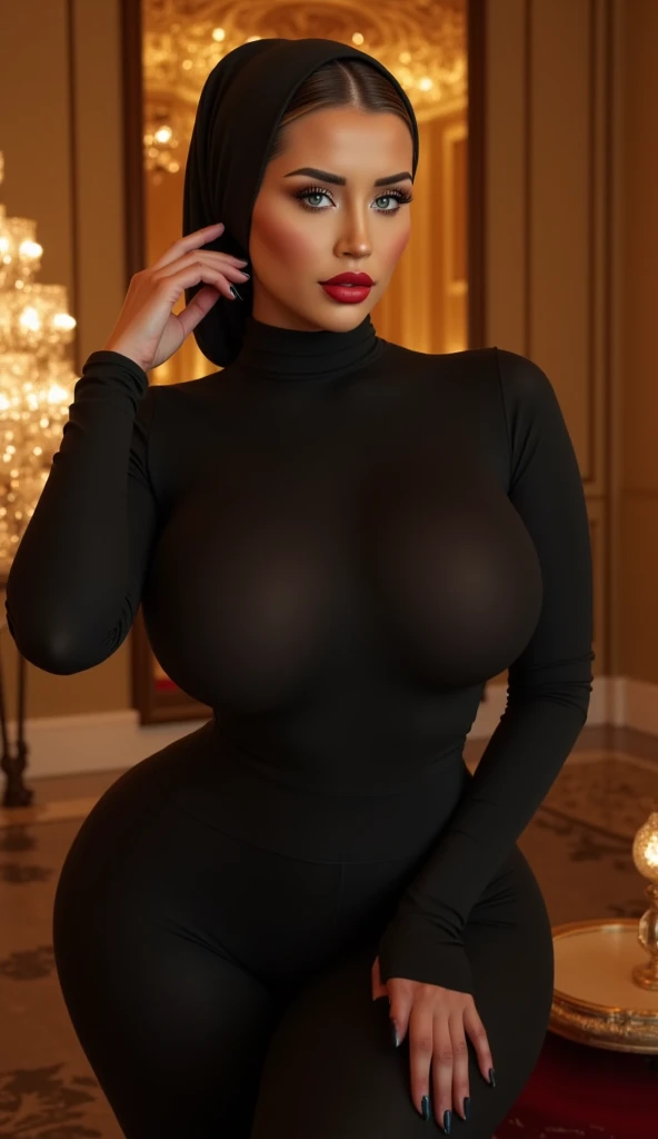 (((masterpiece))), 8k, highly detailed, ((ultra realistic)),((gorgeous, black skinned woman)), with an hourglass body shape, (((giant breasts))), fakebreasts, and wide hips, wearing yoga pants and a leotard, ((More Detail, enhance_all, fix_everything)), Enhance