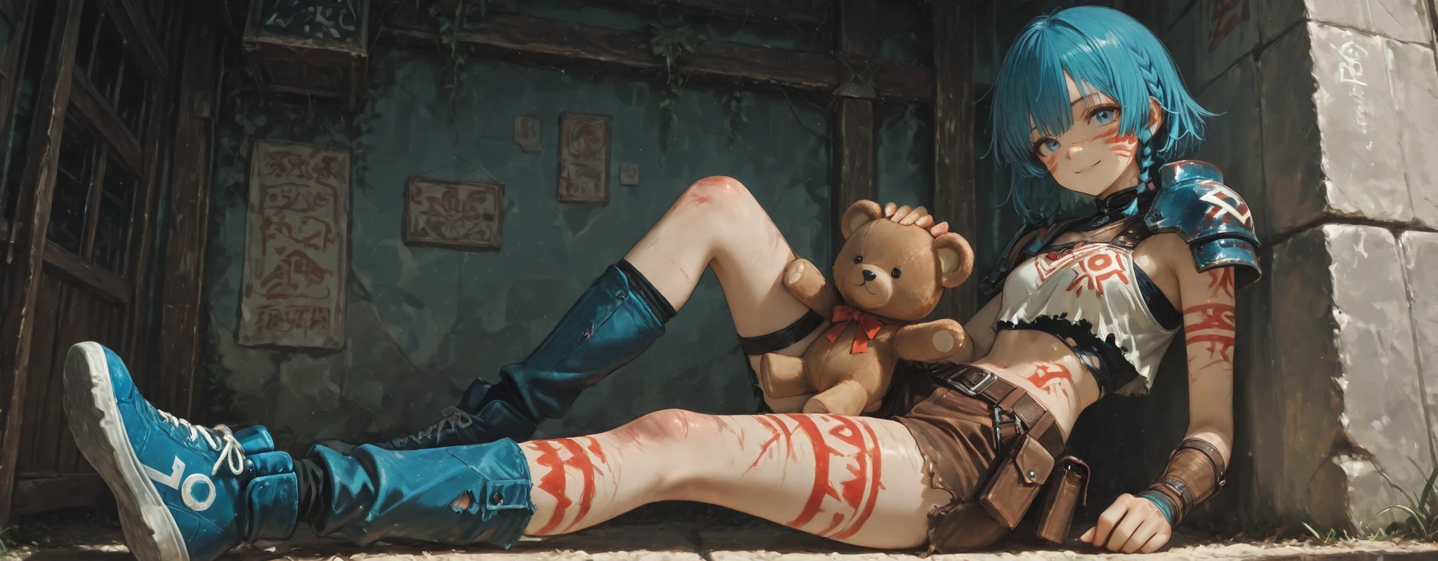 score_9, score_8_up, score_7_up, 4K, 8K, 1girl, solo, blue short hair with braids, tribal warrior, war paint on face, (sleeveless torn white crop top), leather straps across torso, armored shoulder pad (blue, left side), brown shorts with utility belt (white), asymmetrical blue leg armor (right leg), blue sneakers with beige soles, Holding a teddy bear, smile