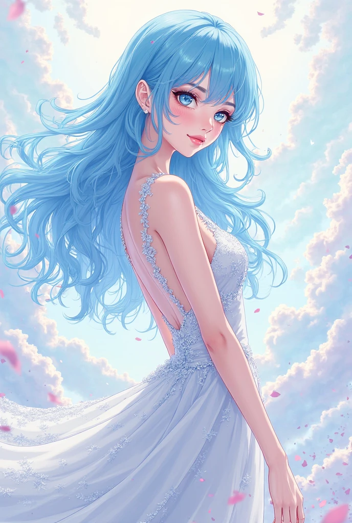 A naked woman in a blue long dress with butterflies on her head sexy in anime style