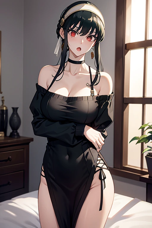 a beauti,clean black hair,Wear blue lace underwear,Big chest,Exposing thighs,Perfect hands,is shy,seductiv,siting on a toilet