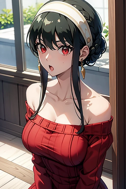 masterpiece, yor, 1girl, solo, looking at viewer, open mouth, black hair, red eyes, dress, bare shoulders, jewelry, collarbone, sidelocks, hairband, earrings, indoors, off shoulder, :o, sweater, arms behind back, plant, short hair with long locks, white hairband, off-shoulder dress, sweater dress, off-shoulder sweater, red sweater, big side hair, very long side hair,(big tits:1.4), (huge tits),cleavage,(upper body),(nipples),(blush:1.3)