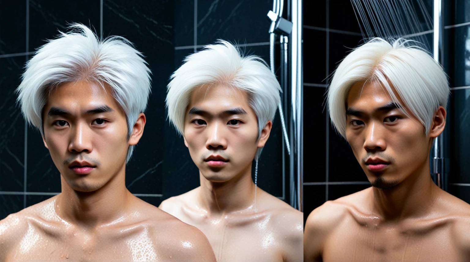 Male double eyelids, naked mermaid line, abdominal muscles, handsome, young, sexy, naked, high-value Asian, white skin, internet celebrity face, three-dimensional and charming facial features, taking a shower in the bathroom, washing his hair, white hair