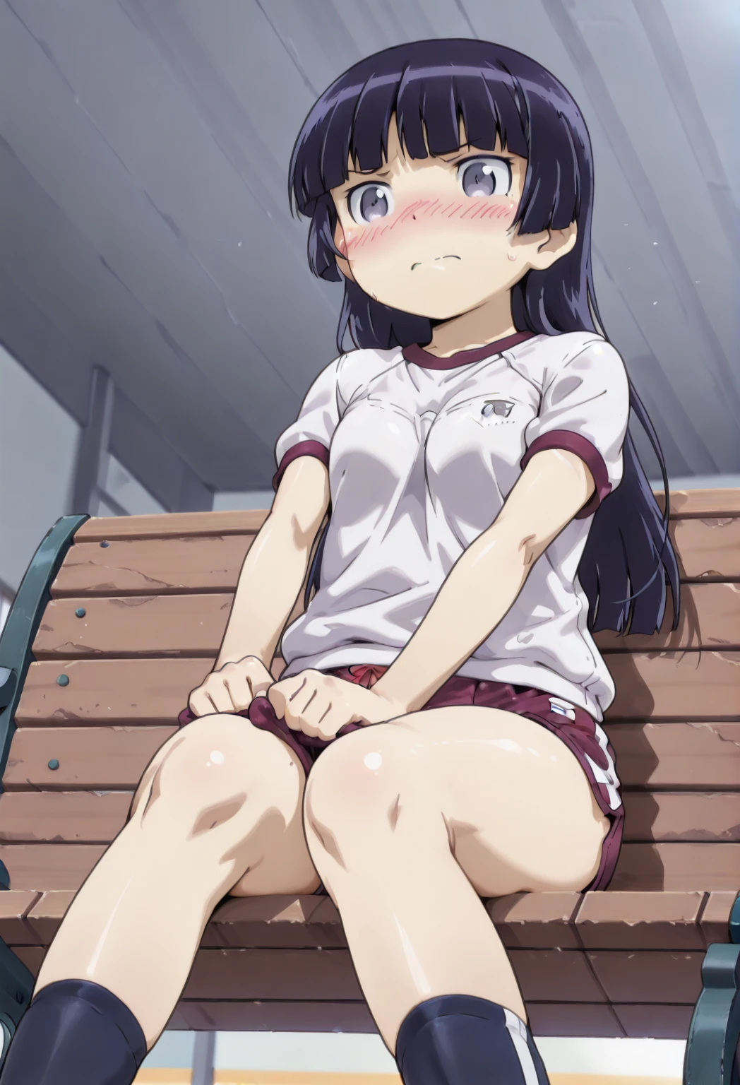 Sit with your knees hugged,（Flat Chest）,Outdoor、Outdoor Exposure,（全nakedで）,naked,（She is wearing a large gray scarf around her neck, covering her shoulders.）,Look down,tits,Nipples,belly button,Schoolyard,loafers,White loose socks,Hime cut,Long Hair,bag、cel animation,raffed Asian , Surreal school girl, High school girl posing, Surreal school girl, Young and thin gravure idol, Young Sensual Gravure Idol, Asian, so beautiful, Cute school girl, Young and cute gravure idol, A real young gravure idol, beautiful Asian