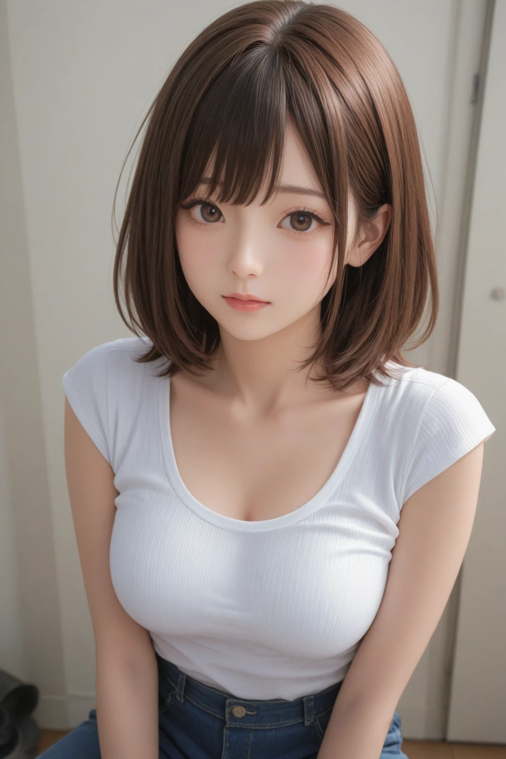Browsing Caution,Highest quality,Ultra-high resolution,Japanese Girls,Beautiful Face,double eyelid,Bob Hair,smile,teeth,Logo T-shirt,Denim mini skirt,Inner thighs,White skin,Thighs,sit,Nipples are prominent,Transparent panties,street