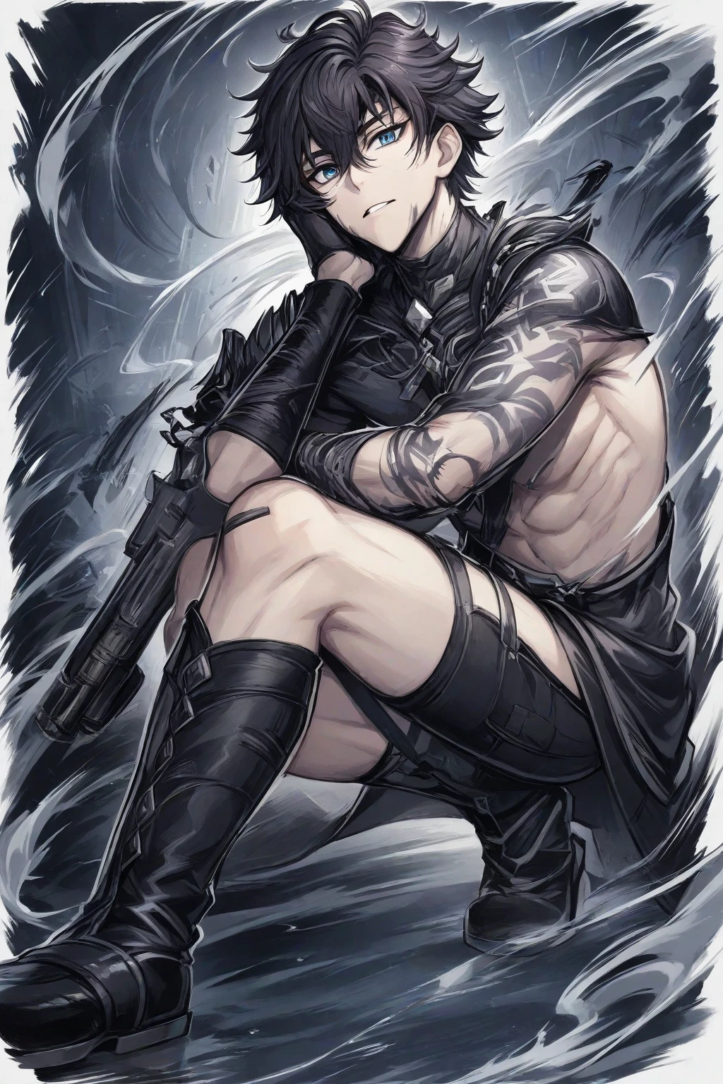 Highest quality, (background_detailed), expensive_Contrast, detailed_original_figure, Warrior, Muscular, Villain Face, Armor, full_body, Medieval, Wrinkles between the eyes, Young people, 20-year-old male, dark_stitch_landscape, (dramatic_Lighting:1. 25), (Shaded_background:1.2), black_hair, (short black hair:) 1.1 ), Delicate face, Wicked Smile, Sharp eyes, Black background, (Black background:1.5), Beautiful line art, 白black
