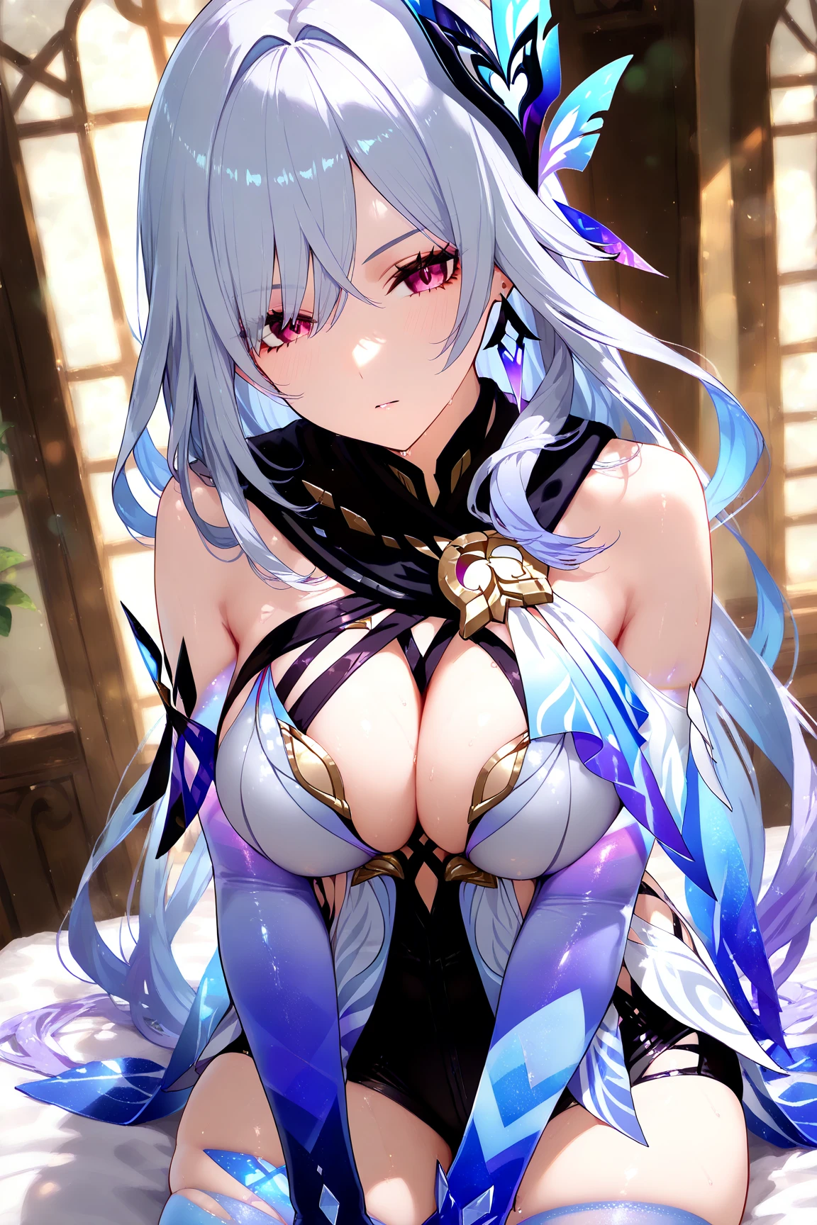 (masterpiece, best quality:1.4), (Detailed beautiful face:1.2), Ambient Light, Backlighting, Realistic Shadows, Glowing Particles, Light Particles, Soft Light, Soft Lighting, Reflections, Dim Lighting, Indirect Lighting,
Guichen, Guichen_\(Azur_Lane\),
1girl, solo, navel, whale tail (clothing), witch hat, panties, stocking, pantyhose, light purple hair, jewelry, dress, sideboob, thighhighs, white dress,
simple background,
<lora:Guichen:0.8>