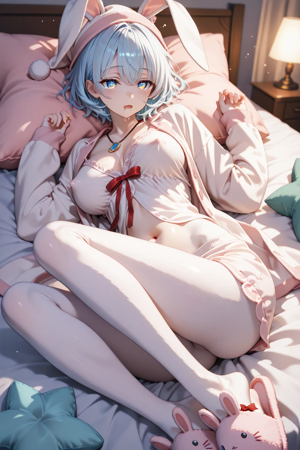 ((((masterpiece, best quality, high resolution)))), 1girl, white hair, red eyes, bob cut, short wavy hair, average breasts, blush, light smile, glow, thighs, bare shoulders, collarbone, narrow waist, cleavage, (beautiful detailed face, beautiful detailed eyes), bedroom, night time, lying on bed, arms up, (from above view), (white lace lingerie, garter belt), hands behind head,