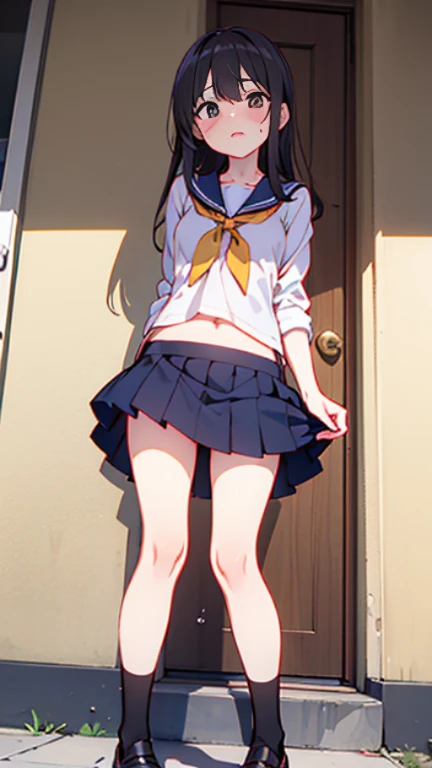((highest quality, 8K, Idol Master: 1.3, RAW photo)), sharp focus 1.5),Hibiki Ganaha,alone, beautiful face, highly detailed face, Turquoise eyes,black hair ponytail,Large light blue ribbon,tanned skin,eye highlights,A big smile (Blue and white plaid skirt 1.5), train station,run up the stairs(showing pink lace panties:1.1), from the front, loose loose socks,School designated loafers