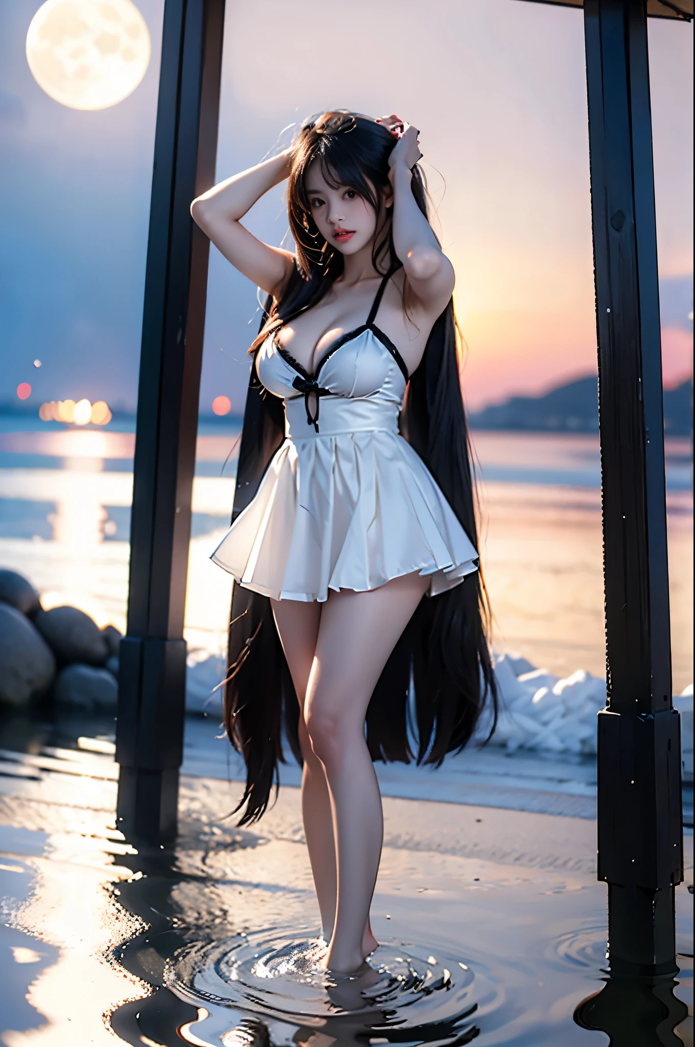 combat uniform ,,((full body, from below)), (masterpiece, best quality, ultra-detailed, 8k), realistic, a beautiful sexy long-legged model on a tropical beach, (I-type Valley), (Full breasts, visible cleavage, very short skirt hem, exposed shoulders), (Tyndall Effect), (At night,:1.3 moonlight:1.3), standing in shallow water, one hand playfully lifting her hair, the other gently raising the hem of her flowing summer dress, seductive pose, perfect and symmetrical leg anatomy, glistening water, soft natural lighting, (wind blowing gently:1.1), (ambient lighting:1.2), bokeh, cinematic shot, dynamic angle, professional photography, shallow depth of field, sharp focus, vibrant colors, (slightly tanned skin:1.1), (natural makeup:1.1), (delicate features:1.1), (ocean waves gently lapping at her feet:1.1)