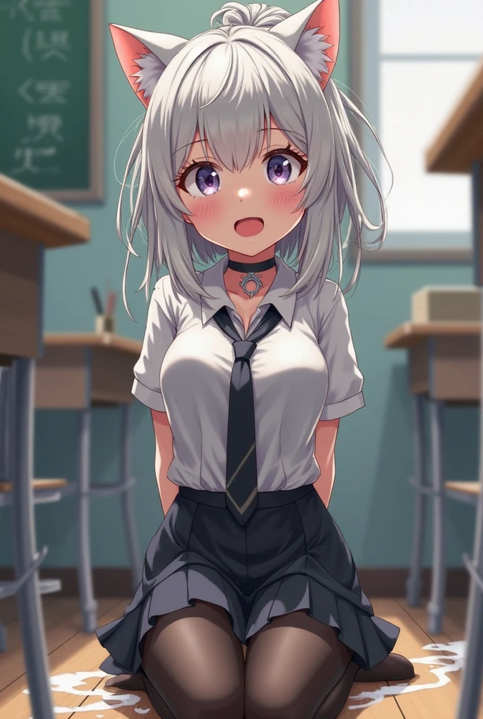 ((1 girl))、(smile:1.5)、small breastsのヌード、（cowboy shot）、(fun!!)、(white cardigan:1.5)、(blush:1.5)、(silver hair)、Chest roll-up clothing,pull clothes，((flat chest:1.3))、((I can see your nipples:1.5))，(dog ears), No bra, (black skirt)，look down, ((classroom:1.5))Upper body，classroomのシャツロールアップシャツセーター高解像度，look down, Upper body，Fair skin,classroom，small breasts，shaved pussy、long hair、light blue eyes