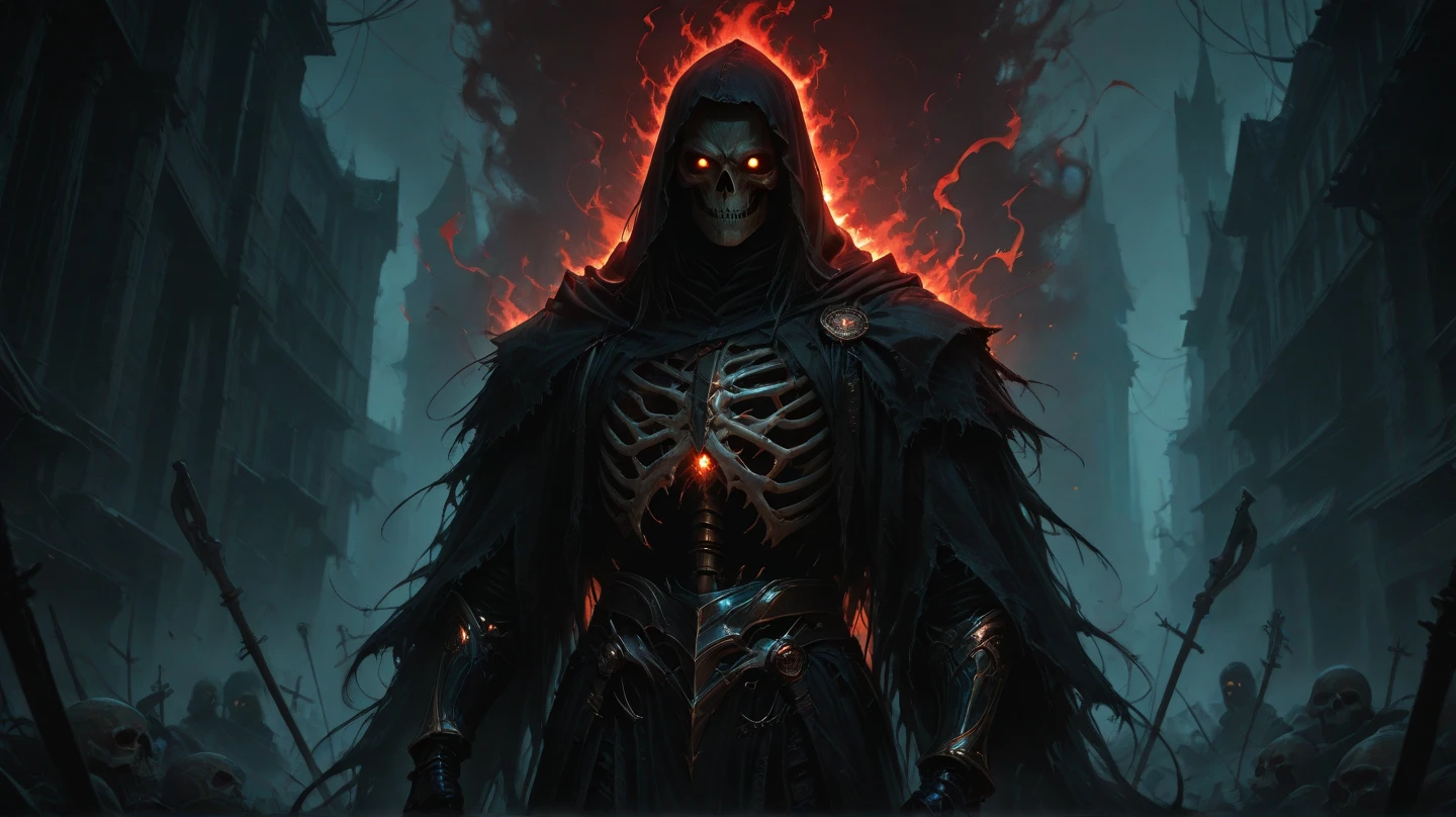 (8k unit wallpaper CG extremely detailed, masterpiece, best quality, ultra-detailed), (((solo))), (((no horn)))), a shadowy being holding a powerful shiny amulet, with skull face, bright contour details on the amulet, wearing a broken black crown, (crowd behind) (upper body), (dynamic angle, dark eyes deep), (in a dungeon), cinematic light, edge lighting, best shade