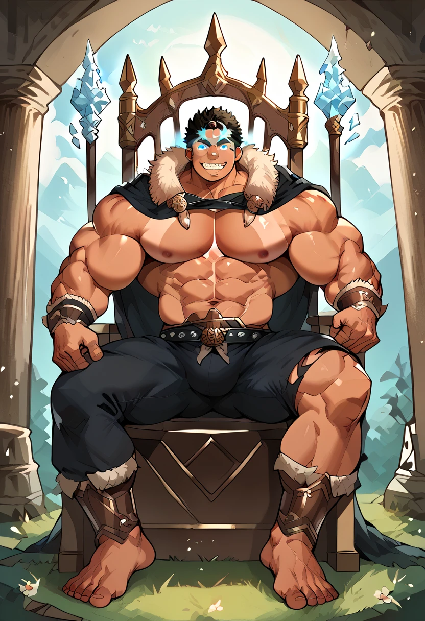 core_9, score_8_up, score_7_up, solo, male focus, male, ฺBulk orc, green skin, tusks, beard, palace , night, king crown , micro armor , shoulder armor , (( black micro tight shorts )) , full body , armor boots , laying spread legs , legs up , massive ass , Throne , ashamed face
