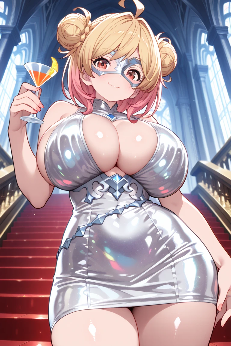 (masterpiece, 4k, high quality, colorful, super detailed eyes and face:1.2), 1girl, solo, 26 year old Scandinavian woman, Short blonde hair, bun-like hairstyle, bright blue eyes, large breasts, buxom chested, cleavage, strapless dark blue dress, corset, exposed shoulders, silver tiara, white stash, light blue heels, full body shot
