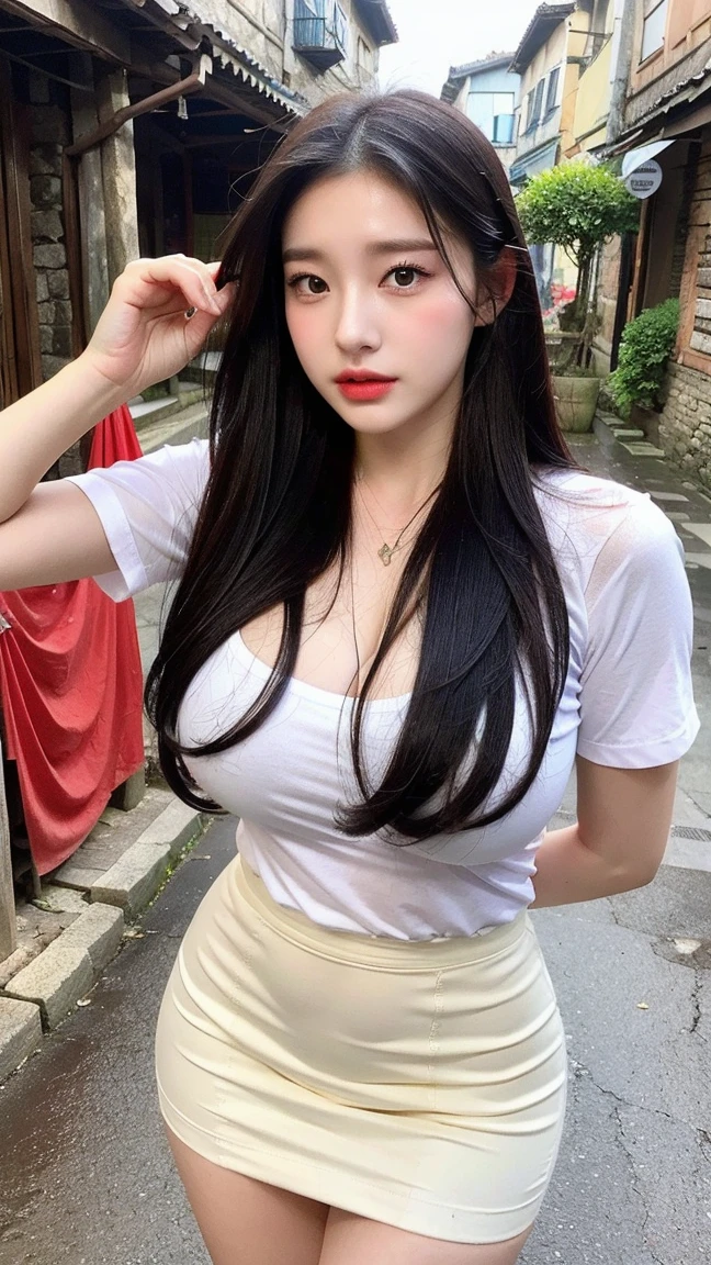 best quality、Natural lip shape、White skin、The light is very good、Beautiful Lights、((Straight Hair))、((Ponytail))、((Black Hair))、Bangs、Take off the shoulders、Big rift、White short top、mini skirt、Gorgeous accessories、Harajuku、Crowd of people in the city, huge breasts,