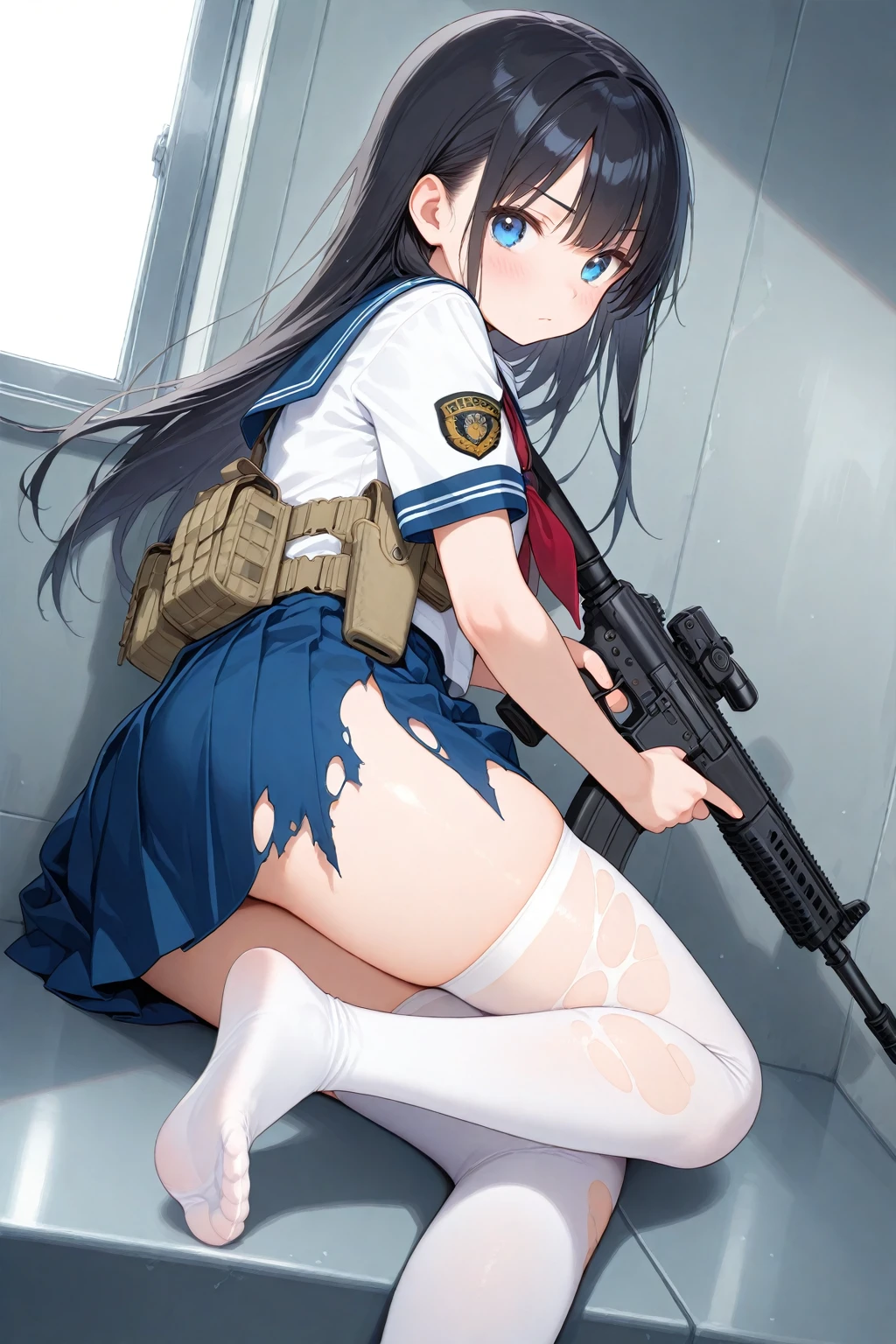 Ten_years_old girl, naked, nude, nipple pasties, crotch pasties, platform heels, soldier, figthting, battle, angry scream, fullbody, gun, stockings,