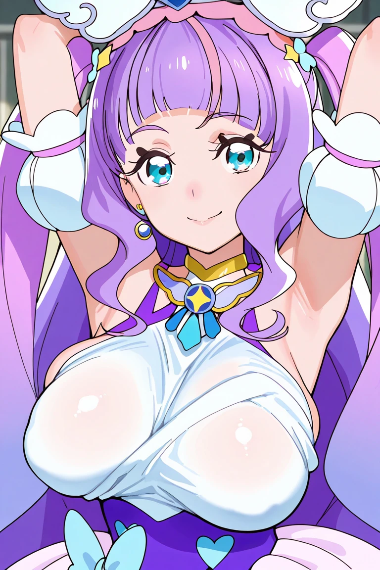 (highest quality:1.2), table top, cowboy shot, alone, 1 girl, more campbell, naughty smile, looking at the viewer, Raise Arm, Star Hair Accessories, skirt, gloves, very big breasts, (emphasize the nipples:1.5), shiny costume, (Spread your genitals while fully clothed:1.5), (Spread your legs apart:1.5), (heart paste), (nude)