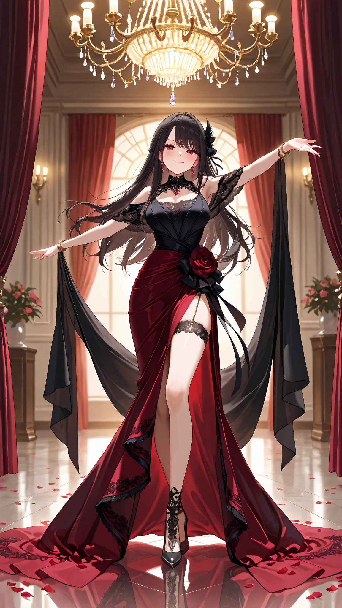 (masterpiece, best quality), best resolution, (2heads:1.5), 1girl, black hair, waist length hair, long hair, bangs, closed eyes, open mouth, happy, singing, arms outstretched, hands facing outward, cleavage, red dress, dress reaching to ankles, closed toe shoes, high heels, walking through a curtain, red curtain, theater stage, spotlight, dark backdrop
