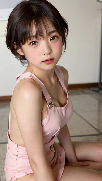 perfect face (chubby:1.2), (11 years old child), in bikini perfect full HDR body exposed midriff highleg (shot from above:1.7) (standing:1.8) (back on the wall:1.7)