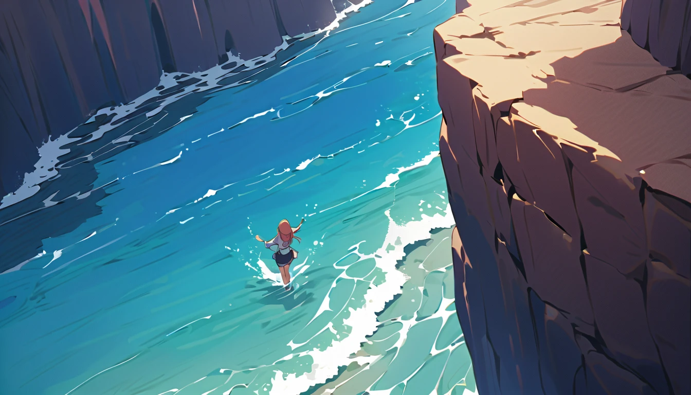 A girl walking along a rope stretched between cliffs,Completely naked
