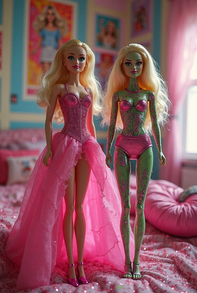a pin up picture of three Barbie as a housewife, H cup, big hips, bbw (best details, Masterpiece, best quality :1.5), ultra detailed face (best details, Masterpiece, best quality :1.5), ultra feminine (best details, Masterpiece, best quality :1.5), wearing latex pink mini dress, pink stockings, pink high heels, long braided hair, hair pulled back, blond hair, modern bedroom background (best details, Masterpiece, best quality :1.5), ultra best realistic pictures , best details, best quality, 16k, [ultra detailed], masterpiece, best quality, (extremely detailed), ultra wide shot, photorealism, depth of field, hyper realistic painting