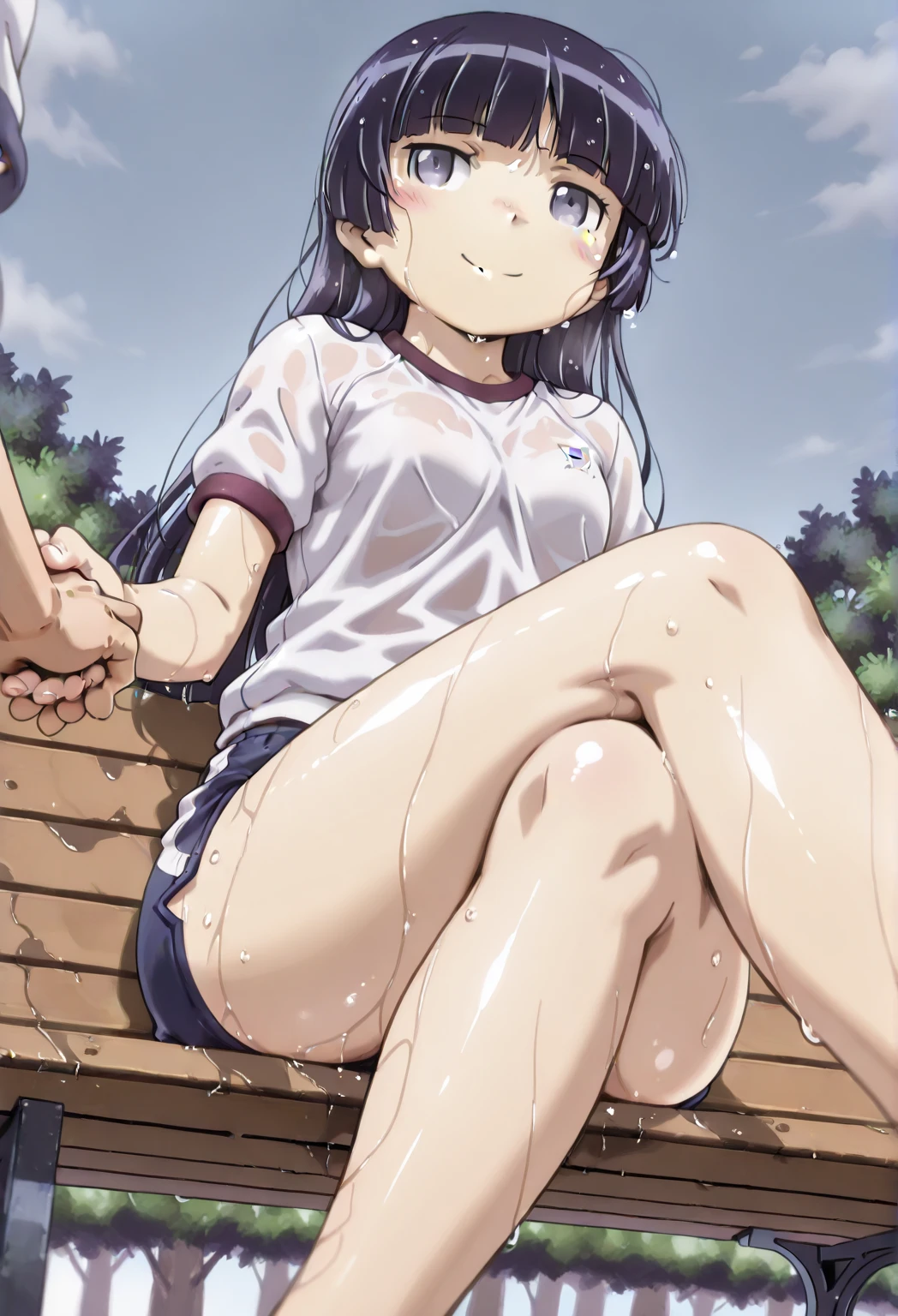 blue eyes, black short hair, high res, happy and excited girl, penis penetrate pussy, skinny legs, sex not noticed by large crowd, persons close on left and right side and behind and front, tiny girl, wet shirt, in a park with grass, crowd play in background