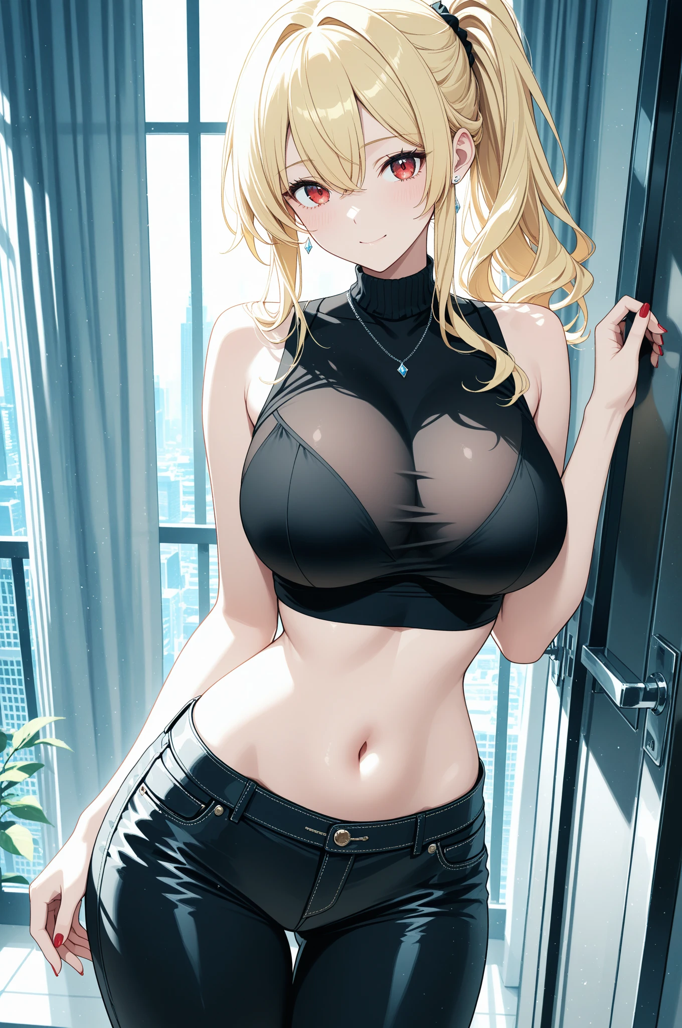 最high quality、Best image quality、masterpiece、With a girl((18-year-old、Short-sleeved sailor uniform、Black sports bra、Blue short skirt、Best Bust、Bust 85、Blonde、Long Hair、blue eyes、Open your chest wide、happiness、Black wristband on wrist、Slender、Embarrassed face、Earrings、All fours pose,Get closer to your audience、The gesture of pulling up the hair)）high quality、Visual Arts、Romance movie style、background((After school classes))、Tabletop、
