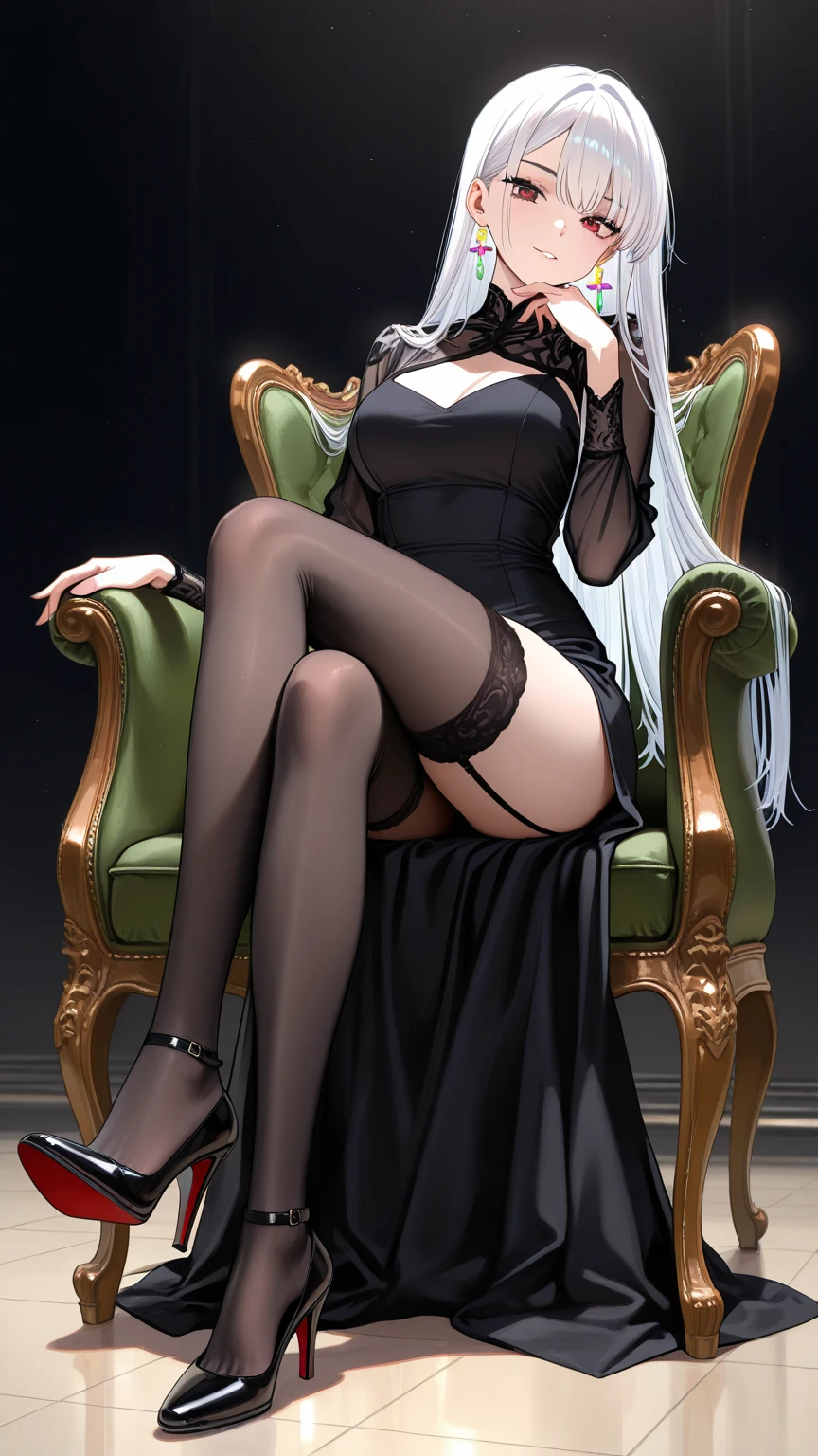 absurdres, RAW photo, extremely delicate and beautiful, masterpiece, Best Quality, ultra high resolution, 32k, hyperrealistic, ultra-detailed, perfect anatomy, anatomically correct, perfect figure, Perfect Style, Perfect balance, super Detailed skin, in her 30s, very Slim body, narrow waist, very small head, very small face, delicate facial features, handsome detailed woman, very detailed eyes and face, realistic face proportions, Realistic beautiful face, Realistic beautiful eyes, tearful mole, earring, big tits, whole body shot, medium hair, indoor, long military jacket, (holding broad katana:1.2), (school_uniform:1.2), skirt, dress shirt,