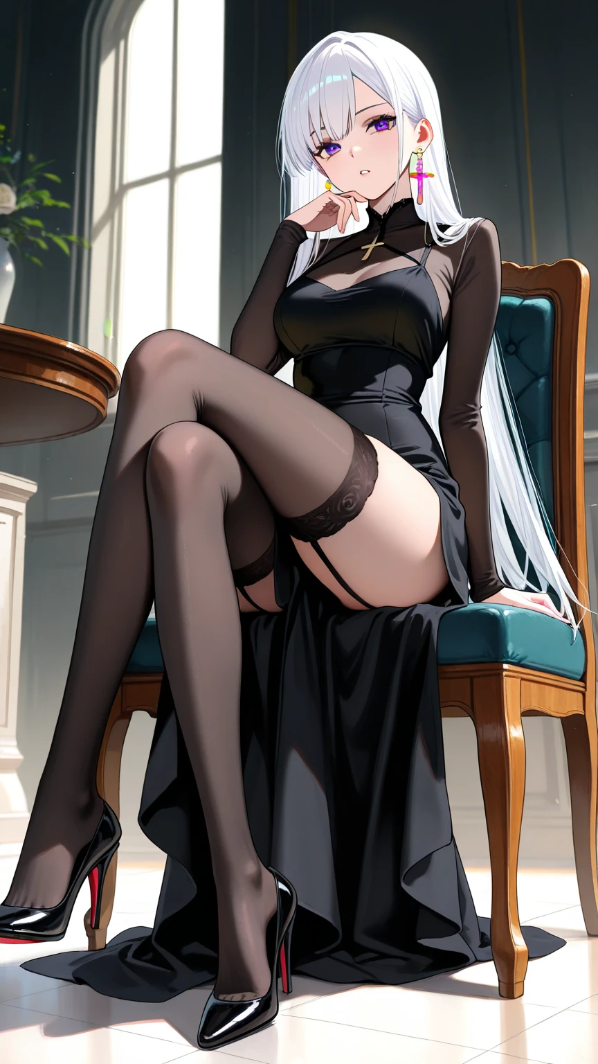 1girl, high heel shoe dangle, cross legged on a chair, hot girl, sitting, looking a viewer, from side, naked