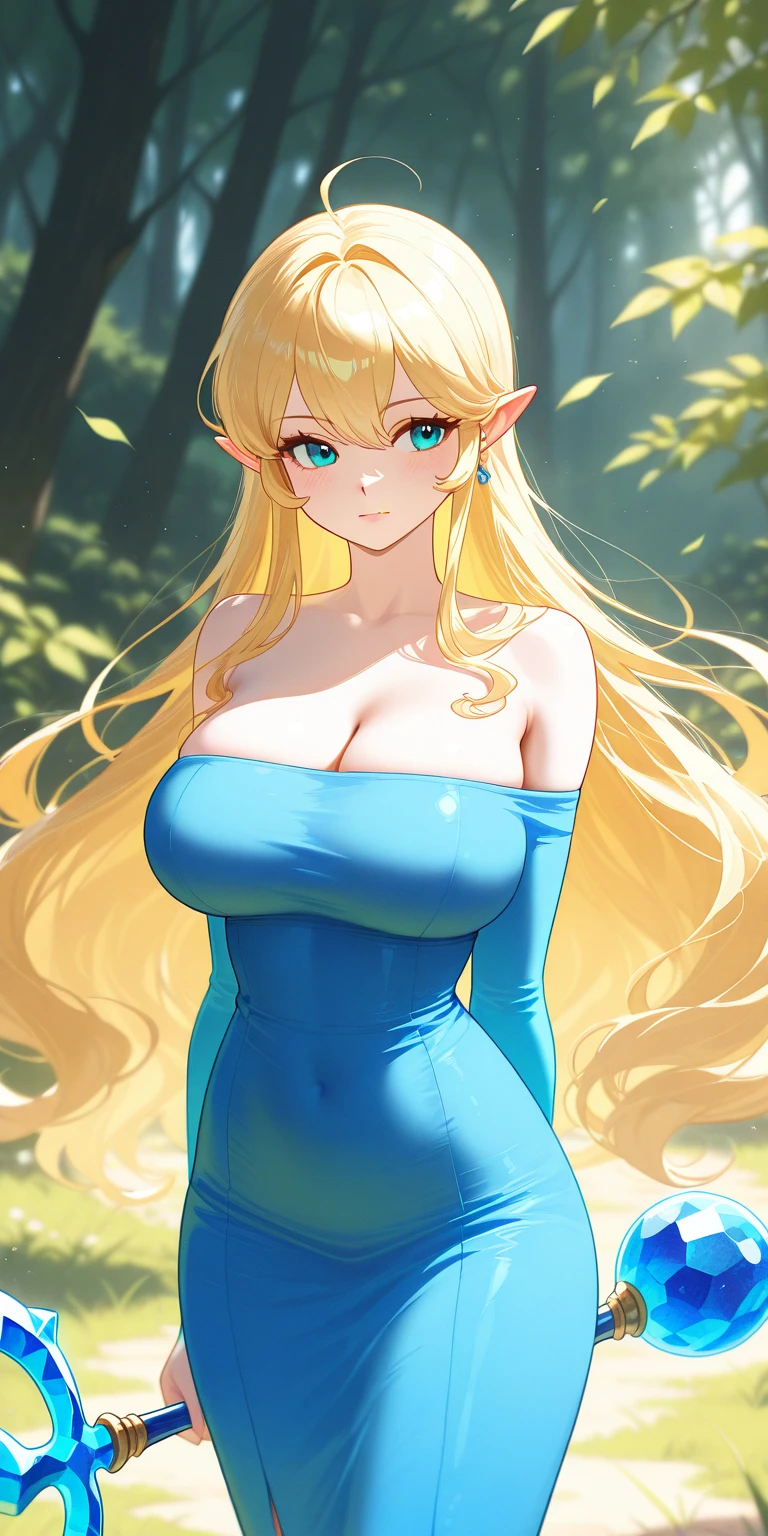 Perfect Big Breasts, ((beautiful 30 year old elf))((short wavy blonde hair, hair over one eye)) light blue eyes, detailed eyes, double eyelids, detailed Iris, light effect on the eyes, extremely sensual body, clavicle, fantasy medieval style black dress, bare shoulders, lace choker, off shoulder, bracelet, ((masterpiece, hyper-realistic, hyper-detailed, best quality, 16k, light and shadow effect on skin, vivid colors)) Perfect lips, pink lips, sweet smile, walking, house in the forest in the distance, she is in a cute pose, in love, beautiful elf