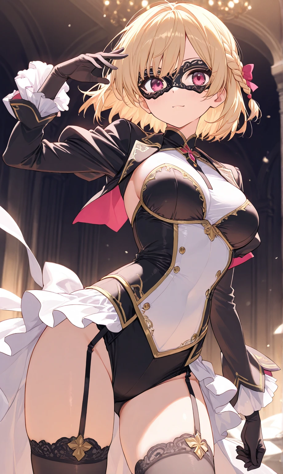 1girl,solo,(red china clothes:1.6),cowboy shot,standing,(blonde hair:1.6),short hair,ahoge,antenna hair, bangs,hair between eyes,(yellow eyes:1.2),symbol-shaped pupils,star-shaped pupils,(beautiful fingers:1.4),(perfect anatomy:1.4),(arms_behind_back:1.6),(cold_shoulder:1.2),(leather lace glossy silk lamé:1.4),(latex luster shiny glossy:1.6),(shiny_clothes:1.6),masterpiece,best quality,(Ultra high definition eyes:1.2),8k,(Beautiful detailed eyes:1.2),(Fine and beautiful eyes:1.2),(pretty eyes:1.2),finely detail,extremely CG, absurdres,high resolution,illustration,Detailed and beautiful outlines,finely detail,high resolution,(colorful refraction:1.4,Increase saturation:1.2),beautiful lighting,dynamic lighting,closed room,black background,simple background, smile,blush,looking at viewer,horns, bat wings,demon wings,costume,navel,corset,lowleg pants,(white Clear PVC sheets sleeves:1.4),(sheer sleeves:1.4),(see-through sleeves:1.4),(wide sleeves:1.2),(red thigh boots:1.4)