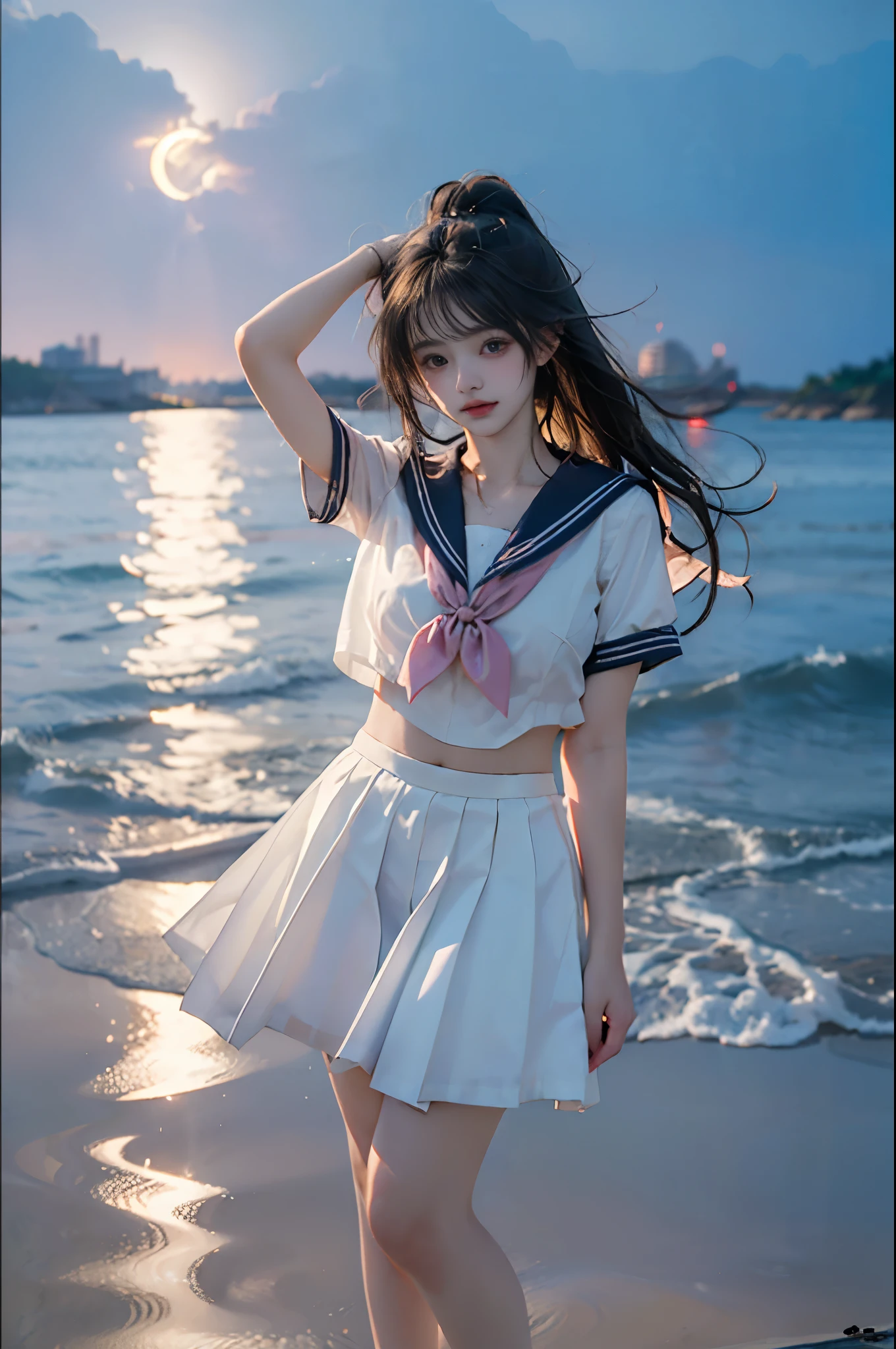 JK_style,short-sleeved JK_shirt,short-sleeved JK_sailor,JK_suit,JK_tie,, ((cowboy shot)), ((Bare shoulder)), ((Short hemlines, sexy long legs)), ((Elegant and charming posture, random view shots)), realistic detailed photo of a giant breasted girl with exposed shoulders, detailed fingers, high quality skin, red eyes, alone in a winter scene with clouds, wind, and flowing hair, (best quality,4k,8k,highres,masterpiece:1.2),ultra-detailed,(realistic,photorealistic,photo-realistic:1.37),studio lighting,vivid colors