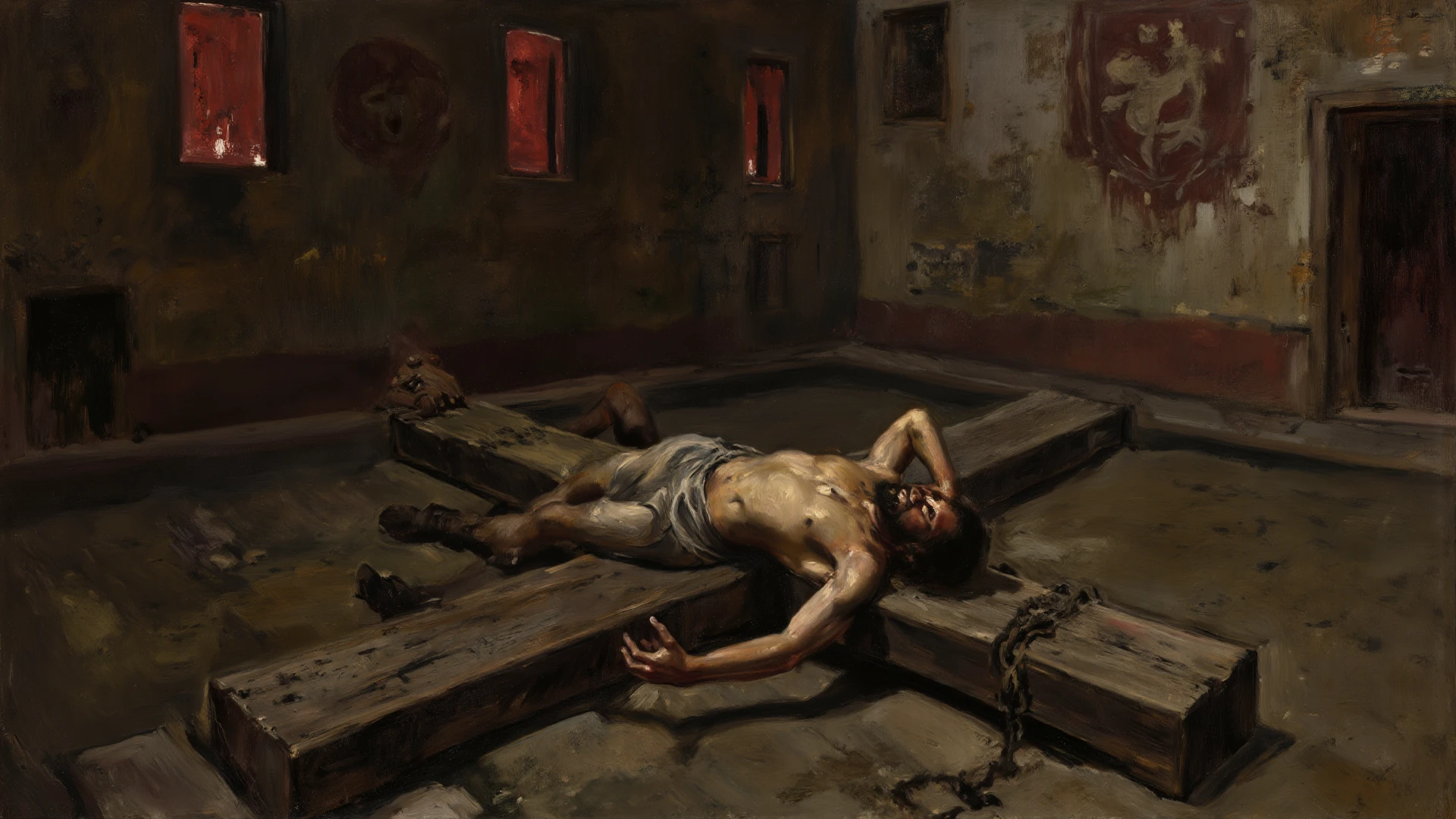 Saint Sebastian in chains with arrows embedded in the body, in a dungeon,  [(chains:0.33)], (Adolf Piot style)), The dark Renaissance, (fog, very scuffing), ((palette/oil painting palette knife)), ((masterpiece)), single shot, impression:1.2, extreme detail, perspective:1.33, 8k