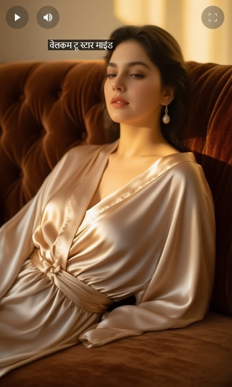 beautiful dark haired woman, pale skin, draped in gold silk bathrobe