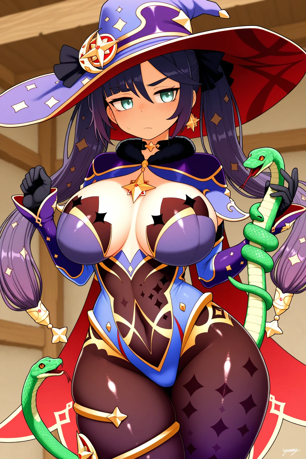 masterpiece, super fine illustration, best quality, ultra detailed, beautiful, cg unity 8k wallpaper, long twin tails, large breasts, purple hair, (((blindfold))), bangs ornaments, bikini pants, thigh boots, elbow gloves, dare stomach, navel, dare thigh, stomach tattoo, (((on all fours, hands on the ground, crawling))), (((animal collar, chain leash, animal collar connected chain leash))), fucked silly, vulgarity, smile broadly, sexual ecstasy smile, long tongue, stick out tongue, tongue out, open mouth, full face blush, (((clothed, breasts wear, breasts clothes, chest wear, chest clothes, collar))),