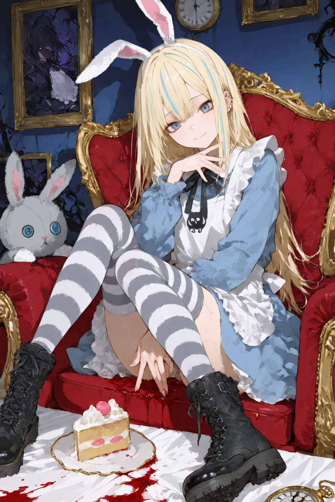 illustration, best quality, dramatic lighting, 00118_illu
,r17329_illu,masterpiece, best quality, ultra-detailed, 1cute chibi girl,dark gothic twisted version of Alice in Wonderland. The character sits casually in a large, plush red chair, her pose relaxed but her expression unsettling, with a sly smile and piercing blue eyes that glow unnaturally. Her blonde hair, streaked with blue, falls messily over her face, and her bunny ears are slightly askew, adding to her chaotic appearance. She wears a traditional Alice-style blue dress, but the fabric is tattered and stained with blood, especially around her apron, which is splattered with red, as though she’s been involved in something sinister. In one hand, she holds a bloodied eyeball, the veins and details of the eye rendered with disturbing realism, while her other hand rests on her lap, her fingers also stained with blood. Her striped stockings and combat boots are similarly splattered, with the words "Alice in Underland" scrawled in white across her legs. The table before her is covered in blood-splattered desserts—a donut with a bite taken out of it, a piece of cake smeared with red syrup, and a teacup overturned, spilling blood across the white tablecloth. A golden pocket watch lies beside the chaos, its hands frozen in time, also covered in splatters of blood. The lighting is soft but eerie, casting long shadows that give the scene a dark, foreboding atmosphere. The overall composition is both detailed and disturbing, with the photorealistic textures of the blood, fabric, and food adding to the unsettling nature of the scene.